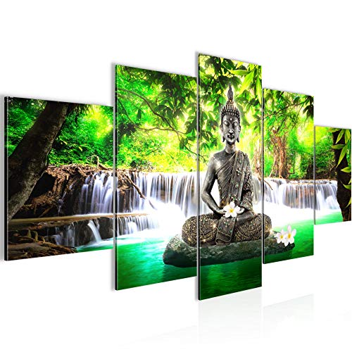 Runa Art - Cuadro Buda Cascada 200 x 100 cm 5 Piezas XXL Decoracion de Pared Diseño Verde 503551a
