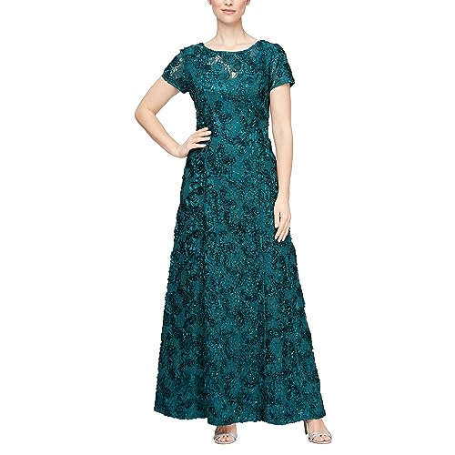 Image of Alex Evenings Women's Long Rosette Mother of The Bride Dress with Short Sleeves