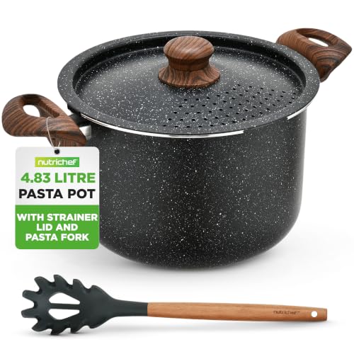 Nonstick Pot with Strainer Lid and Pasta Fork 4.7L Cooking Stock Pot with Lockable Lid Heat-Resistant Handles Easy Clean Even Heat Distribution 24cm Black Marble Finish