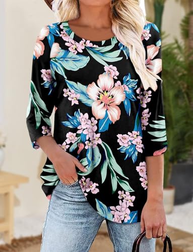 KISSMODA Tunic Tops for Women Loose Fit Dressy Round Neck Pleated 3/4 Length Sleeve Spring Tops