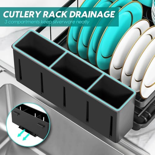 Image of MOROVIK Utensils Drying Rack /Dish Drying Rack with Drainer Tray /Anti Rust, Smart Drainage System Drainboard with Detachable Cutlery Holder /Kitchen Vessels Organizer & Water Utensils Basket (Black)