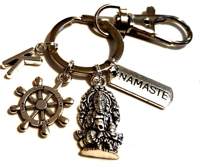 Silver KnightPersonalised Ganesh, Namaste, Greetings, Dharma Wheel, Ganesha, Hindu, Diwali, Buddhist, Yoga Keycain With Initials