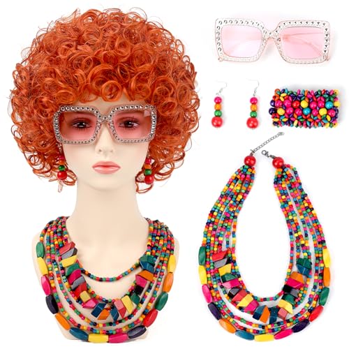 Cyyacen Women Roper Curly Orange Red Cosplay Wig with Necklace Earrings and Sunglasses for Women Hallween Costume Wig