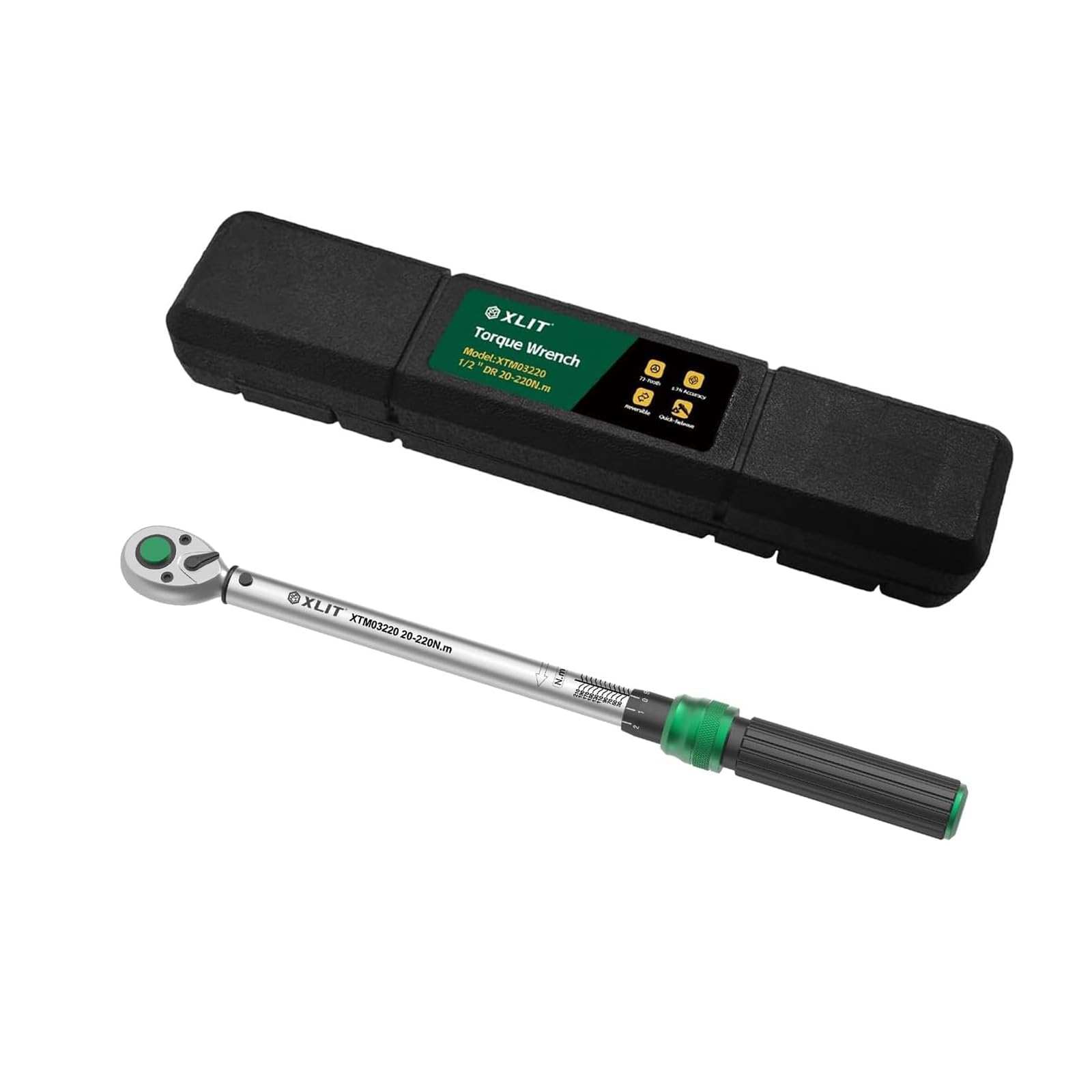 Clé dynamométrique 1/2", 20-220 N.m, 72 dents, précision ±3 %, fermeture rapide, réversible, 44,2 cm