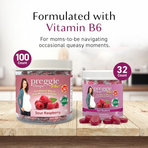 Image of Three Lollies Preggie Drops Plus with Vitamin B6, Pregnancy Nausea Lozenges for Moms-to-Be, Sour Raspberry Morning Queasiness Lozenges with Essential Oils for Pregnant Women, 32 Count