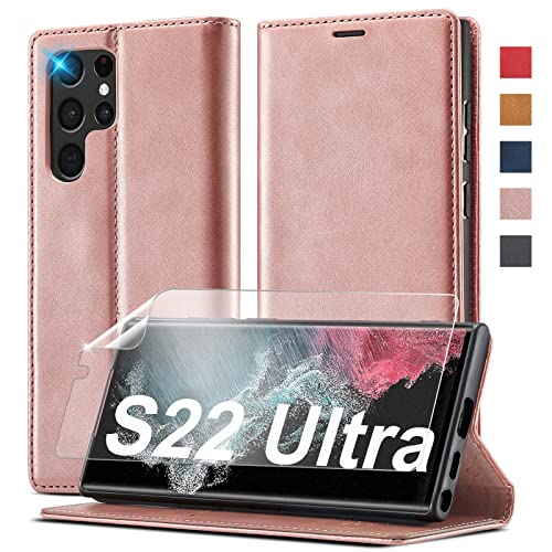 Ailicici Coque pour Samsung Galaxy S22 Ultra Portefeuille Etui [Avec Film trempé] Antichoc TPU Housse 5G Cuir PU Flip Magnétique Compatible rose bonbon Cover