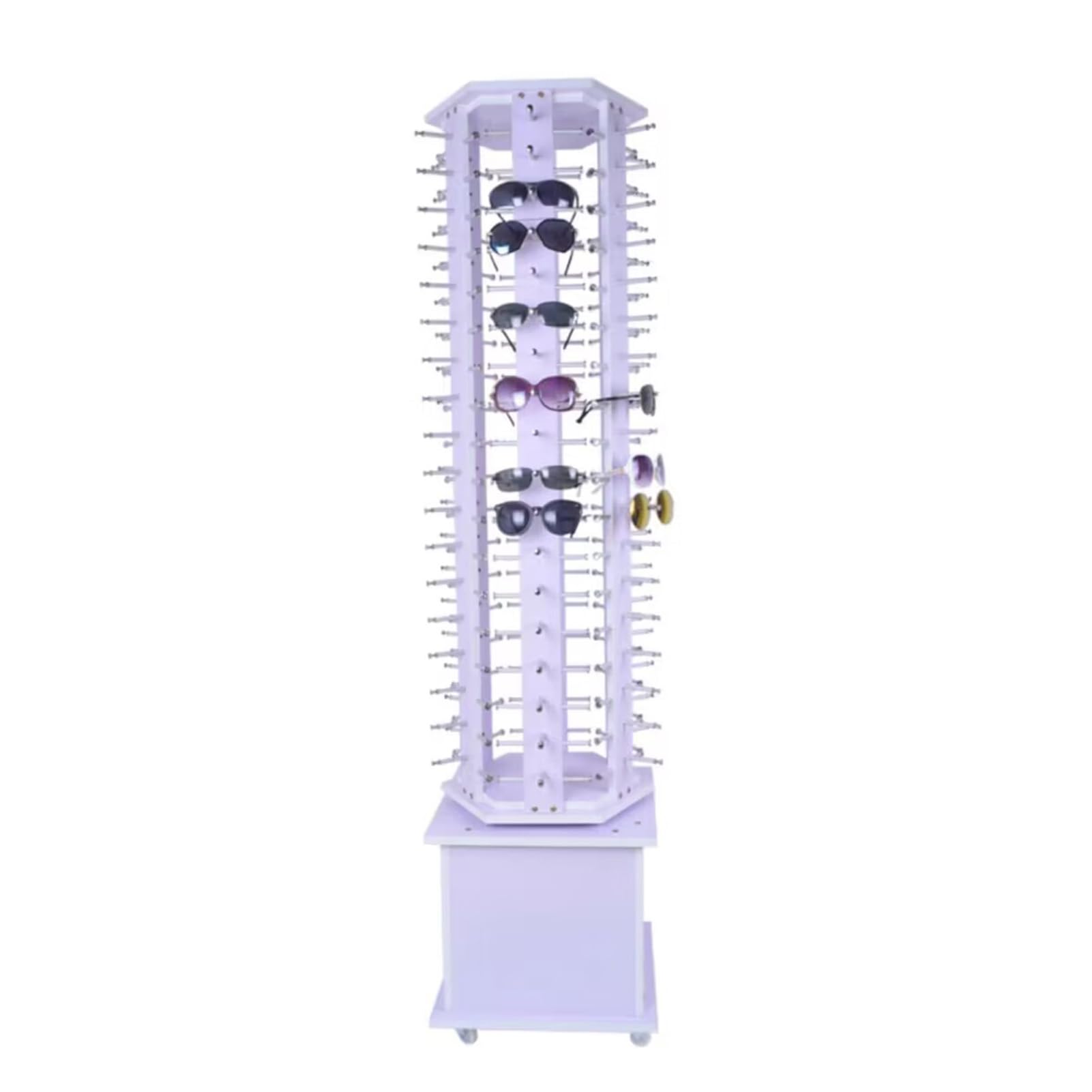 Espositore per Occhiali da Terra Girevole con Ruote, per 90 Paia di Occhiali da Sole, Organizer Moderno, Appendiabiti Commerciale per Occhiali, Espositore in Legno per Occhial.White-90 Pairs