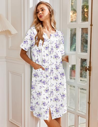Image of Ekouaer Nightgowns for Women House Dress with Pockets Snap Front House Coat | Duster Mumu Dress, Short Sleeve Moo Moos, Plus Size Sleepwear, Casual Lounge Dress, Labor Delivery Gown, Daily Wear, Home