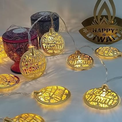 Image of MoonlitDreams 3 Meter 10 Happy Diwali Round Metallic Led String Lights, Golden Diwali Lights for Decoration for Home, Mandir & Festive Ambient Light for Diwali Decor (Plug-in)