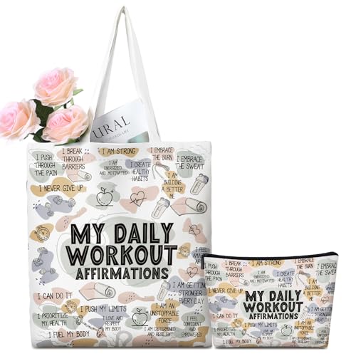 2 Pcs Daily Affirmations Canvas Makeup Bag Tote Bag Workout Gifts for Women Mental Health Gym Lover Gift for Mom Teacher - Main Image