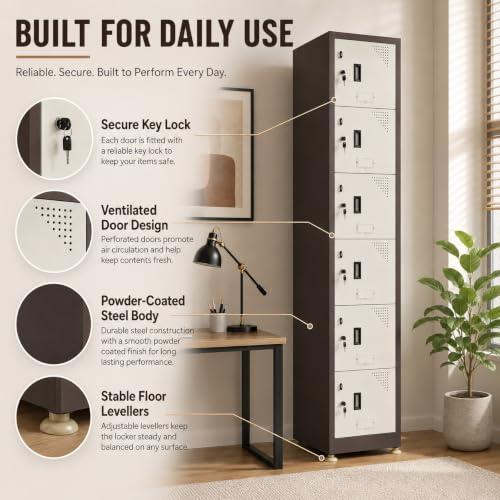 Image of Amazon Brand - Solimo Vertical 6-Door Brown Steel Locker, Heavy-Duty Multi-Purpose Storage Cabinet for Gym School Office & Staff Rooms, Secure Metal Compartments for Clothes Bags, Uniforms & Valuables