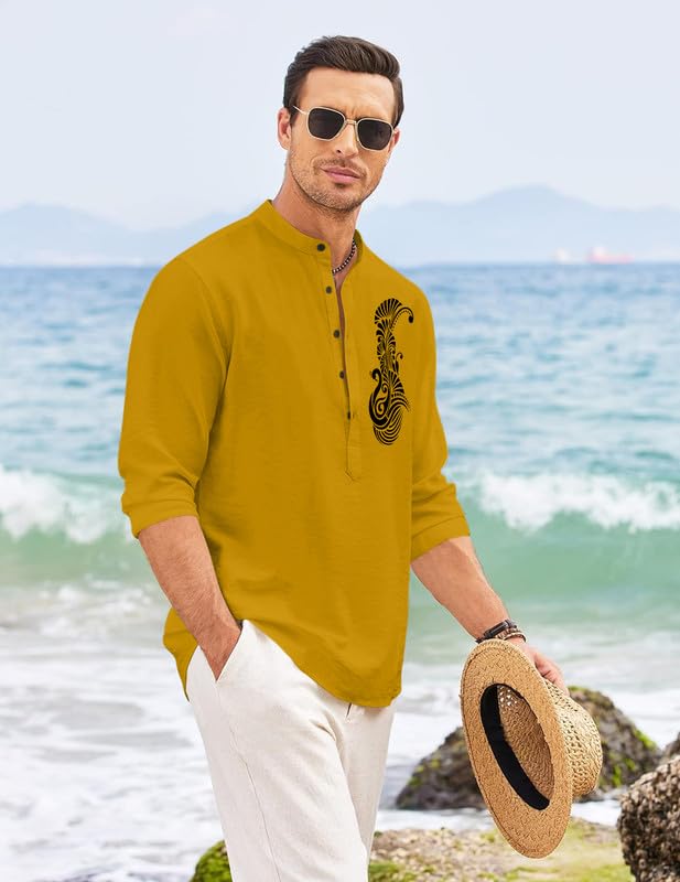 Image of FINIVO FASHION Men's Printed Cotton Blend Short Kurta with Artistic Chest Design | Stylish Full Sleeve Casual Kurta with Mandarin Collar for Daily, Travel Soft Textured