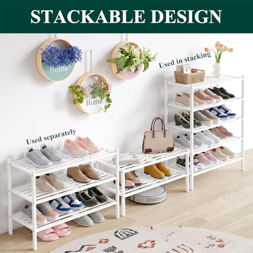 Image of Smiry Bamboo Shoe Rack, 5 Horizontal Slats, 3 Tier - 26.8 inch Wide, White