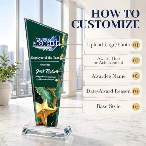 Image of Custom Crystal Trophy Award Personalized Plaque Award with Text Logo Photo Awards Trophies for Employee Recognition Team Graduation Personalized Office Gifts for Boss Coworker Teacher