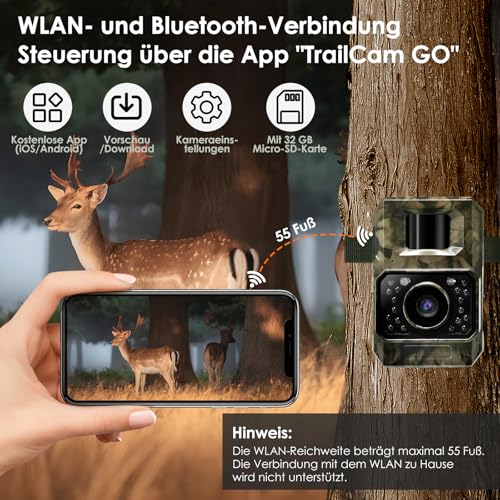 MAXDONE Wildkamera mit Bewegungsmelder Nachtsicht, 4K 64MP WLAN Bluetooth Wildkamera mit...