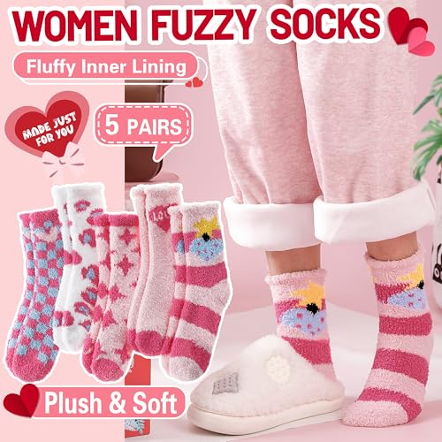 Image of EBMORE Fuzzy Socks for Women, Thick Cozy Warm Fluffy for Winter | Ultra Soft Plush Fleece Lining, Stretch Cuff, Comfy Heel & Toe, for Home & Sleep, Gifts Cabin Slipper Socks, 5 Pairs