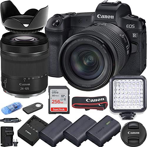 Camera Bundle for Canon EOS R Mirrorless Camera with RF 24-105mm f/4-7.1 is STM Lens, 3 Batteries, LED Light, 256Gb High Speed Memory Card + Accessories Kit (Renewed)