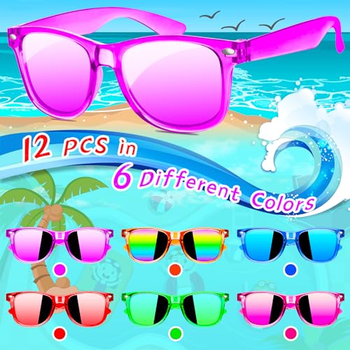 Kids Sunglasses Bulk, 12 Pack Kids Sunglasses Party Favor, Neon Sunglasses for Kids with UV400 Protection, Party Supplies, Beach, Pool Party Favors, Party Favor for Kids Boys and Girls 3-82