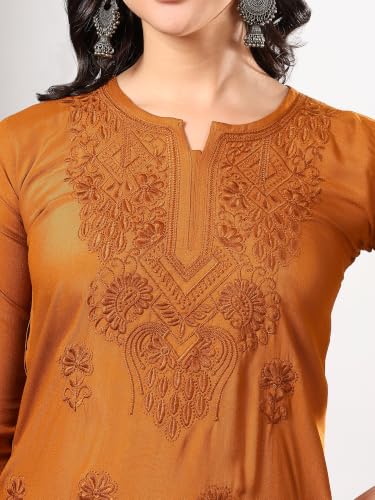 Image of Women Brown Ethnic Motifs Embroidered Lucknowi Chikankari Kurta & Palazzo Sets