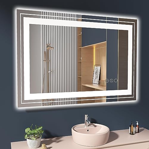 LED Bathroom Mirror, 40"X28" with Front and Backlit, Anti-Fog, Bathroom Vanity Mirror for Wall, Memory Function, Stepless Dimmable, Tempered Glass (Horizontal/Vertical)