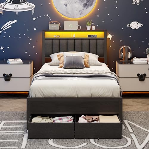 Image of Furnulem Twin Bed Frames with Storage Drawers and Upholstered Headboard | Grey Metal Platform Bed with Charging Station, LED Lights, 2 Tier Shelves, Fabric Drawers. No Box Spring Needed, Noise Free