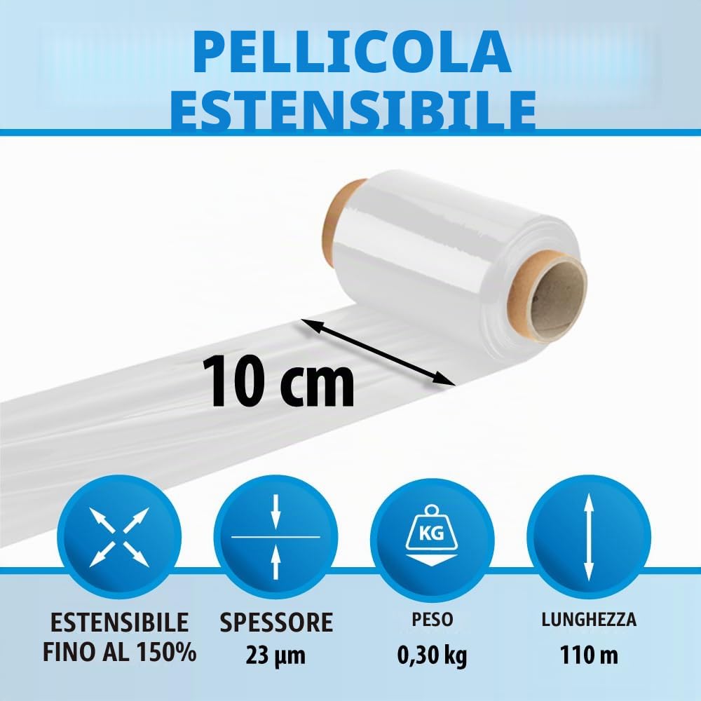 Pellicola elastica trasparente 110 m x 10 cm 0,3 kg rotolo imballaggio trasloco