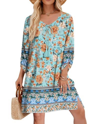 Image of Zeagoo Womens Boho Dresses Casual Beach Summer Dress Tassel Tie Neck 3 /4 Long Sleeve Mini Sundress 2026 Floral Print Cover Up