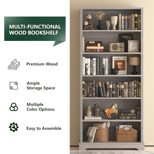 Image of TVU 6-Tier Wooden Bookshelf, 77.2 inch Tall Farmhouse Style Open Bookcase, 31.5 inch W Standing Book Shelf with Storage, Suitable for Study, Living Room, Office, Grey