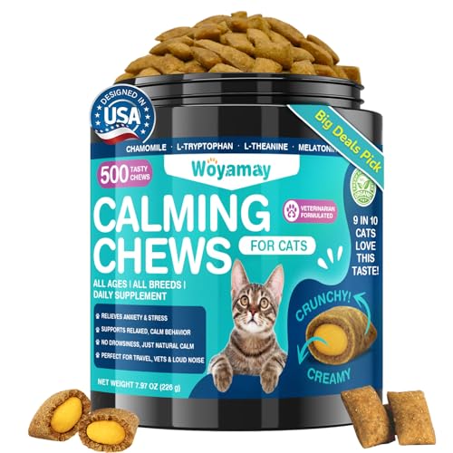 Woyamay Cat Calming Treats, 500 Crunchy & Creamy Calming Chews for Cats, Natural Calming Cat Treats to Manage Stress & Anxiety, Tasty Calm Chews Supplement, Chicken Flavor