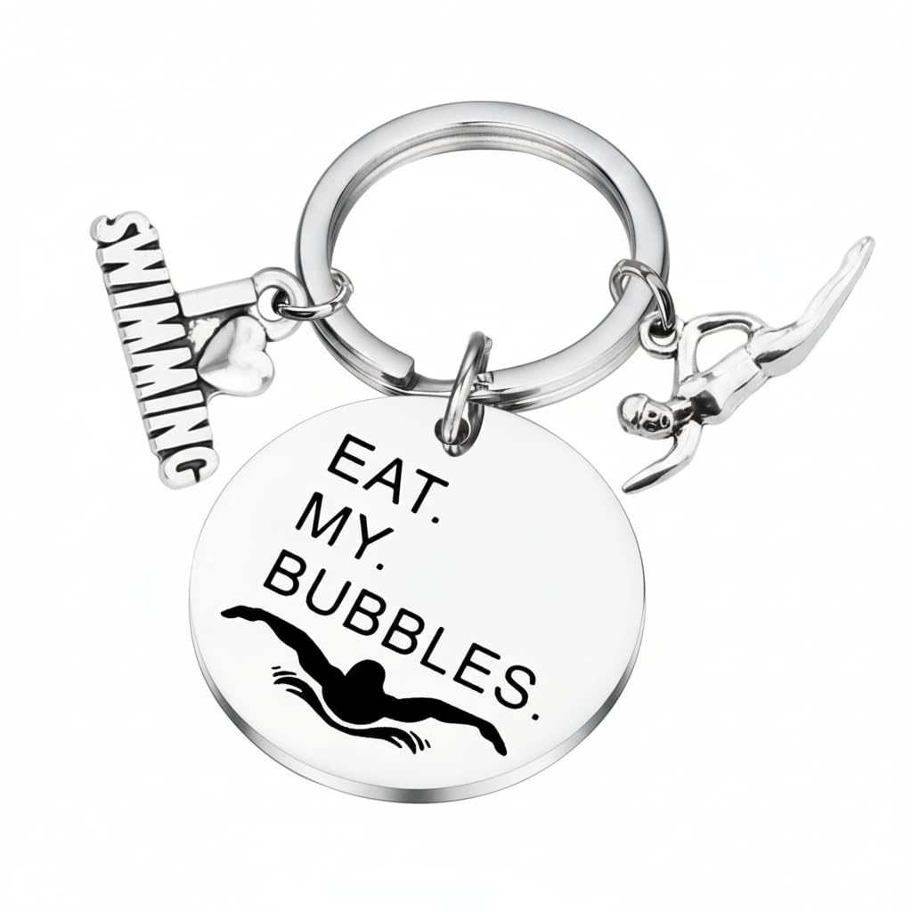 Swimming Keychain – Inspiratiional Keychains Bag Charms for Women with EAT. MY. BUBBLES. Quote, Cool Key Chains Gifts for Swimming Lovers, Swimmers, Swim Teams