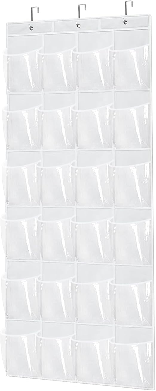 Over The Door Shoe Organizer - Space Saving Shoe Rack for Closet Door with 24 Pockets and Hook, Shoe Holder Back of Door Organizers for Shoes, Hanging Shoe Organizer(White)