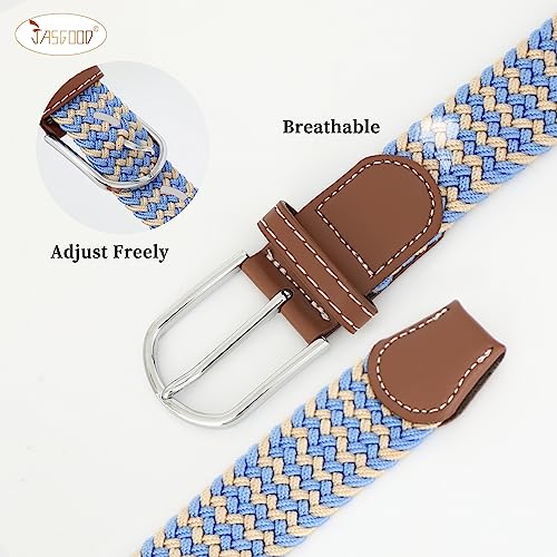 JASGOOD Women Braided Elastic Belt, 1.38'' Width Woven Fabric Belt for Jeans Men Golf Belt with Silver Buckle2
