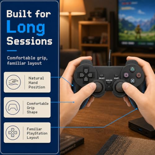 Image of Hopevry Wired PS2 Controller | 2 Pack Compatible with Sony PS2 /PS2 Slim /PS1 | PlayStation 2 Controller with Dual Vibration, Plug and Play, Ergonomic grip for extended gaming