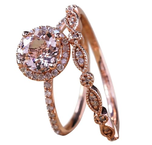 Duan Fashion Elegant 18K Rose Gold Filled Morganite Pink Gemstone Wedding Bridal Ring Set Engagement Wedding Band Ring Promise Rings Anniversary Wedding Bands for Women Size 6-10 (US Code 7)