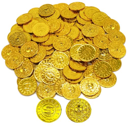 Gold Coins Plastic - 100 Count Kids Play Money Pirate Tokens - Fake Gold Coins for St. Patricks Day Party Favors,Pirate Party,Treasure Hunt Game