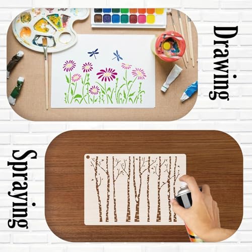 Image of Wildflower Stencils for Painting on Wood, Vine Cherry Blossom Bird Tree Leaf Stencils for Crafts Reusable Wood Burning Drawing Art Paint and Patterns for Wall Cake Cookie (13 Spring A5) (Wild flower)