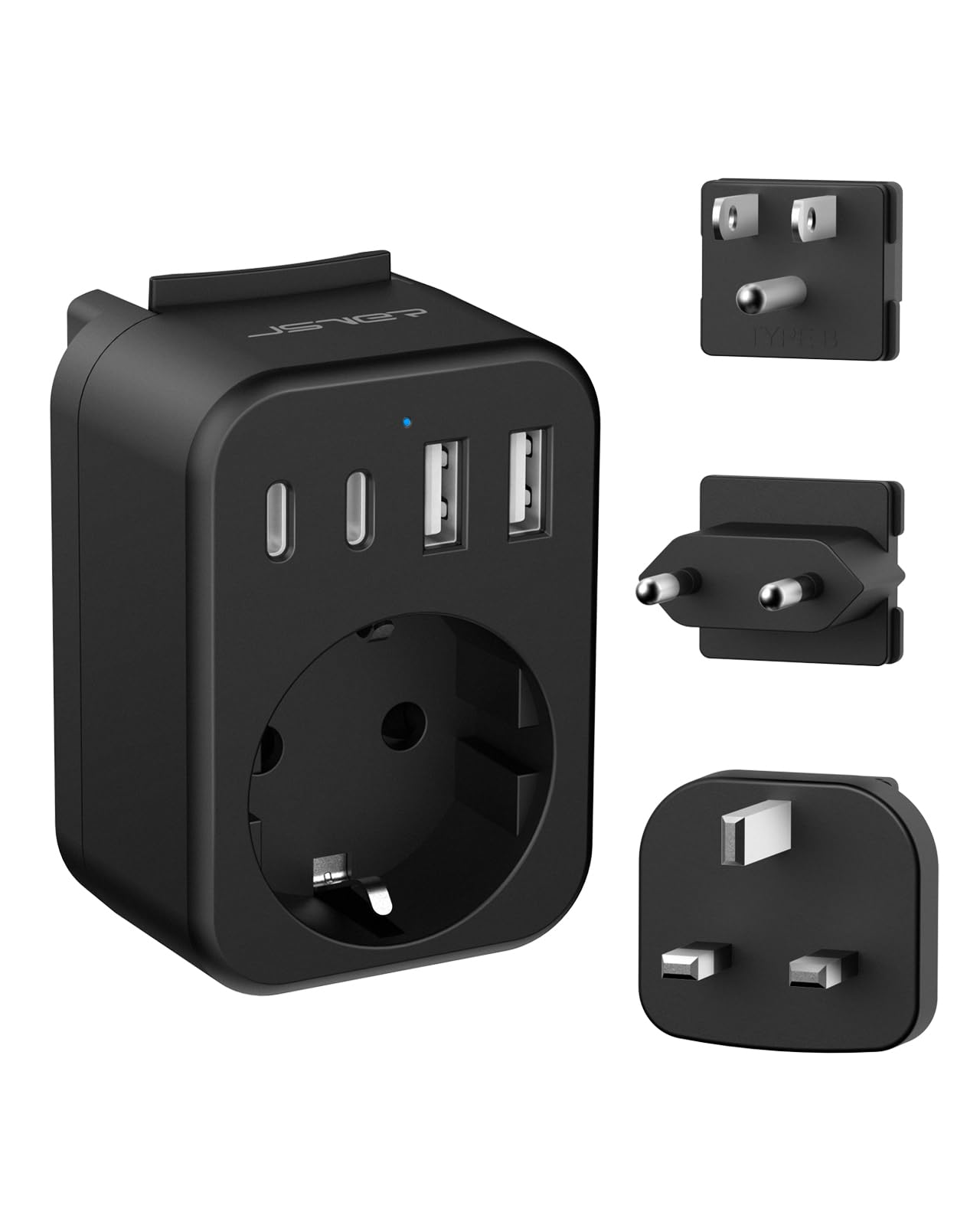 JSVER Reiseadapter Weltweit Set, Internationaler Reisestecker Adapter Steckdosenadapter mit 4 USB-Anschlüssen(2 USB C& 2 A) Reiseadapter Typ C/G/B Stecker für USA/Mexiko/Europa/UK/HK(Schwarz)