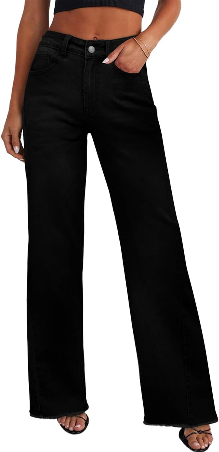 Sidefeel Women's Wide Leg Jeans High Waisted Stretchy Raw Hem Zimbaplatinum Denim Pants