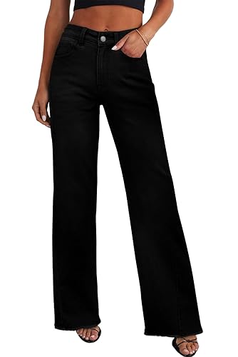 Women's Wide Leg Jeans High Waisted Stretchy Raw Hem Zimbaplatinum