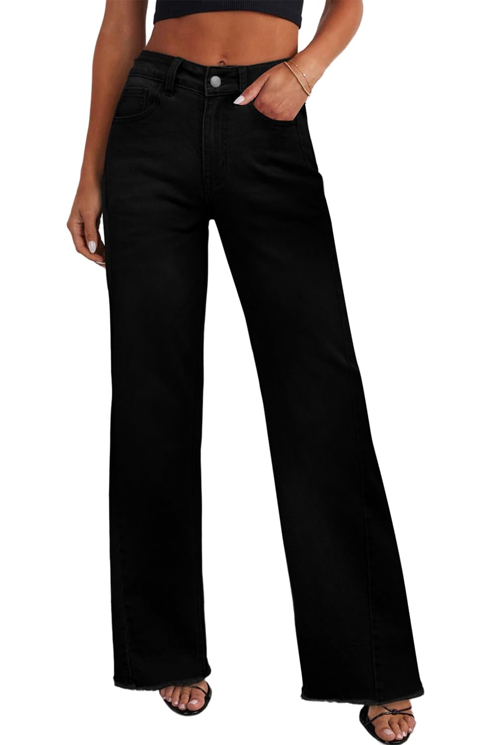 Sidefeel Women's Wide Leg Jeans High Waisted Strechy Raw Hem Zimbaplatinum Denim Pants