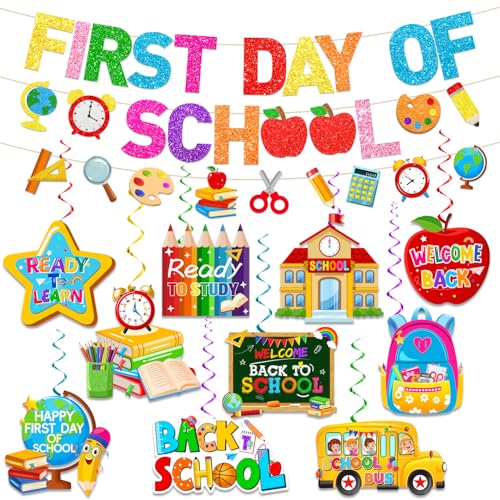 First Day Of School Decorations,First Day Of School Banner and 1st Day Of School Decor Hanging Swirls,Back To School Decorations for Classroom