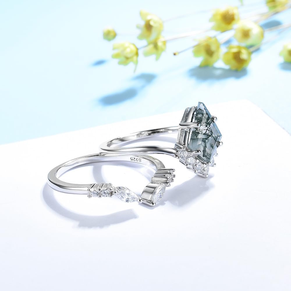 Natural Moss Agate Gemstone Genuine 925 Sterling Silver Ring for Women Kite Cut Women's Ring Set for Engagement Silver 925 Jewelry