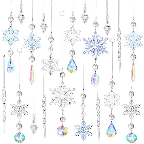 32 Pieces Crystal Ornament Christmas Snowflake Decorations Snowflake Icicle Drop Ornaments Set with Silver Rope Crystal Christmas Tree Decorations Acrylic Hanging Ornaments(Lovely Color)