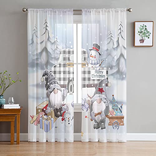 Semi Sheer Curtains 63 inch Length,Airy Drapes Bedroom Privacy Curtains, Christmas Snowman Winter Snow Gnomes Window Treatments Curtains for Living Room Patio Door,2 Panels