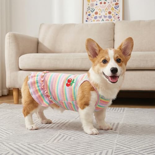 Jmkcoz Cute Striped Dog T Shirts Cherry Puppy Dress Soft Cotton Pet Sleeveless Vest Clothes Spring Summer Pet Outfits for Small Dogs Cats Girl (Pink, Medium) - Image 6