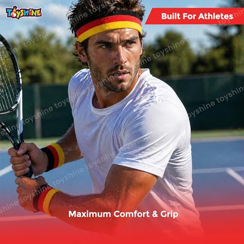 Image of Toyshine 3 Pieces Sweatbands Set, Includes Sports Headband and Wrist Sweatbands Striped Sweat Band for Athletic Men and Women - RED Black