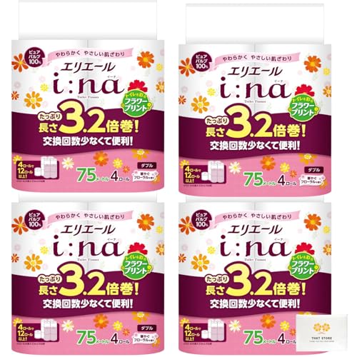 【まとめ買い】i:na(イーナ) フラワープリント 3.2倍巻き トイレットペーパー 16ロール (75m×4ロール 4セット) ダブル パルプ100% 華やぐフローラルの香り