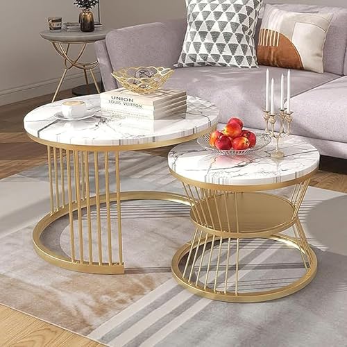Image of The Round Coffee Table and The Stacking Tea Table with a Gold Metal Frame are Two Versatile Modern Center Tables That Look Great in Living Rooms (White Gold)