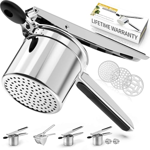 Image of Potato Ricer, Ricer for Mashed Potatoes, 3 Interchangeable Discs Potato Masher Stainless Steel for Fluffy Mashed Potatoes, Heavy Duty Spaetzle Maker with Silicone Handle, for Gnocchi Spaghetti