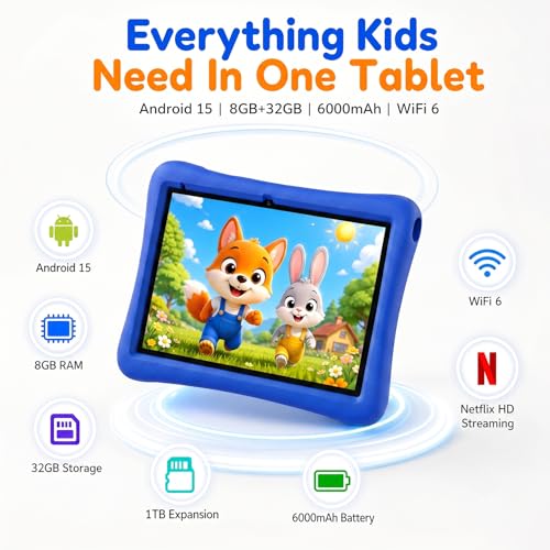 Image of Kids Tablet 10 Inch Android Tablet for Kids Comes with a Shock-Resistant Protective Case, 8GB RAM 32GB ROM Tablets Supports 1TB MicroSD, 6000mAh Battery Dual Cameras 5G Wifi6 Android Tablets with Case